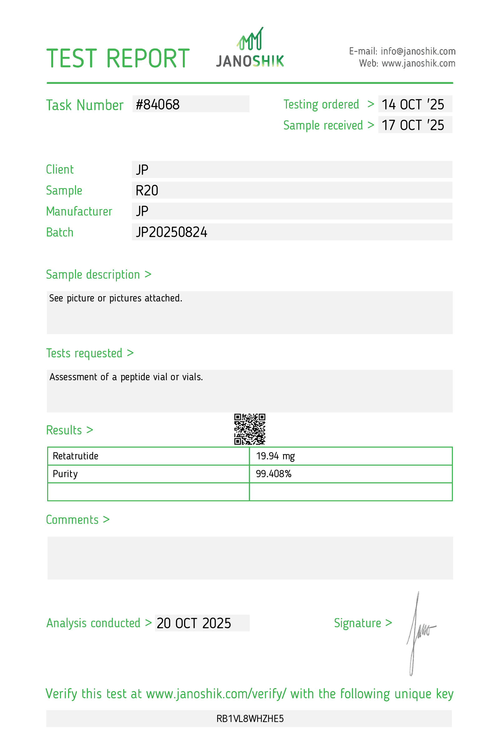 Certificado Retatrutida 20mg